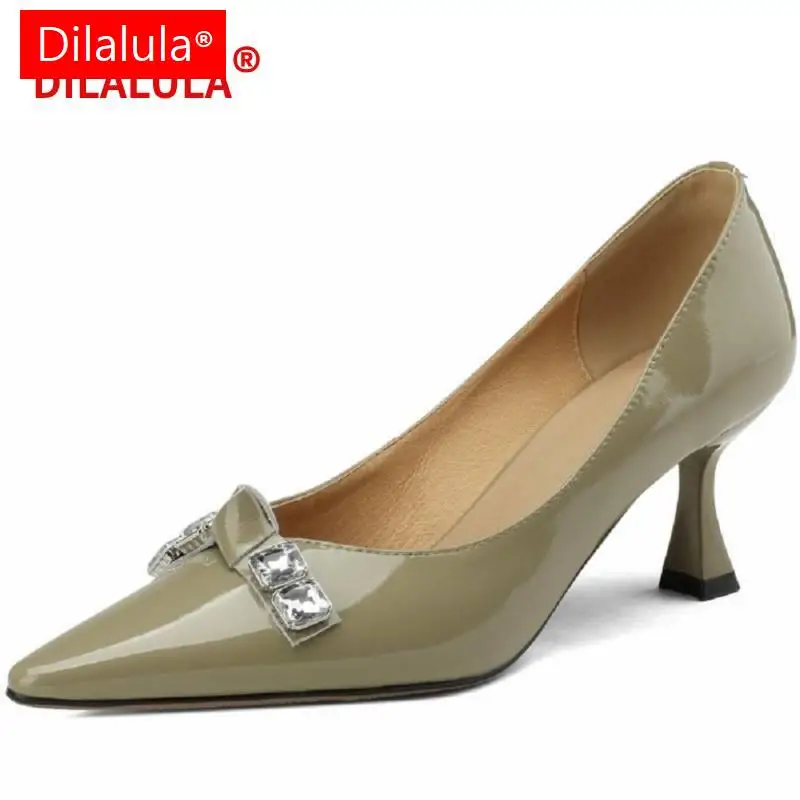 Dilalula Office Ladies Pumps Natural Genuine Leather Women Party Shoes Pointed Toe Thin High Heels Crystals Wedding Pumps Women