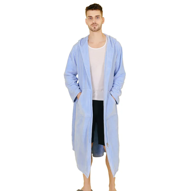 Men Winter Plus Size Hooded Zipper Long Warm Coral Fleece Bathrobe Shell Dressing  Gown Sleepwear Women Thermal Flannel Bath Robe - AliExpress 200574005