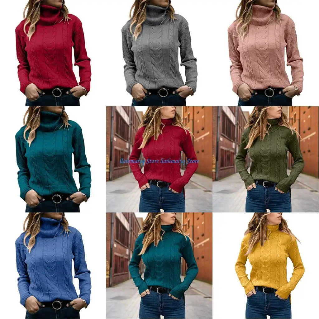 

573B Womens Ribbed Turtleneck Sweater Lightweight Soft Polyester Fabric Stretch Knitwear Perfect For Office And Travel