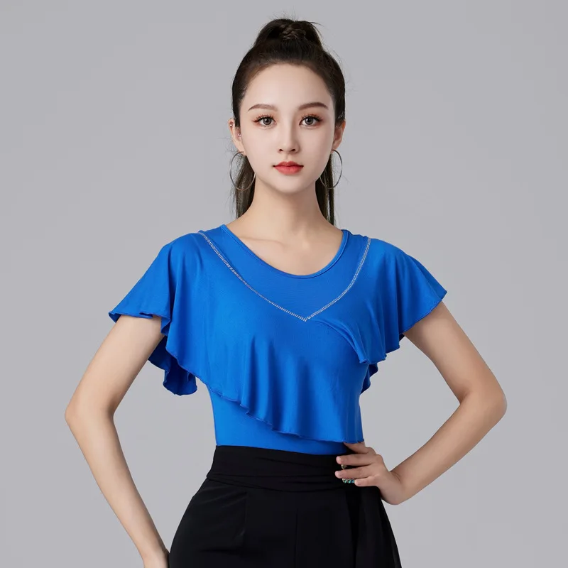 Modern Dance Training Clothes Ruffles National Standard Dance Short Sleeve Tops Solid Color Diamond Polished V-neck Latin Tops