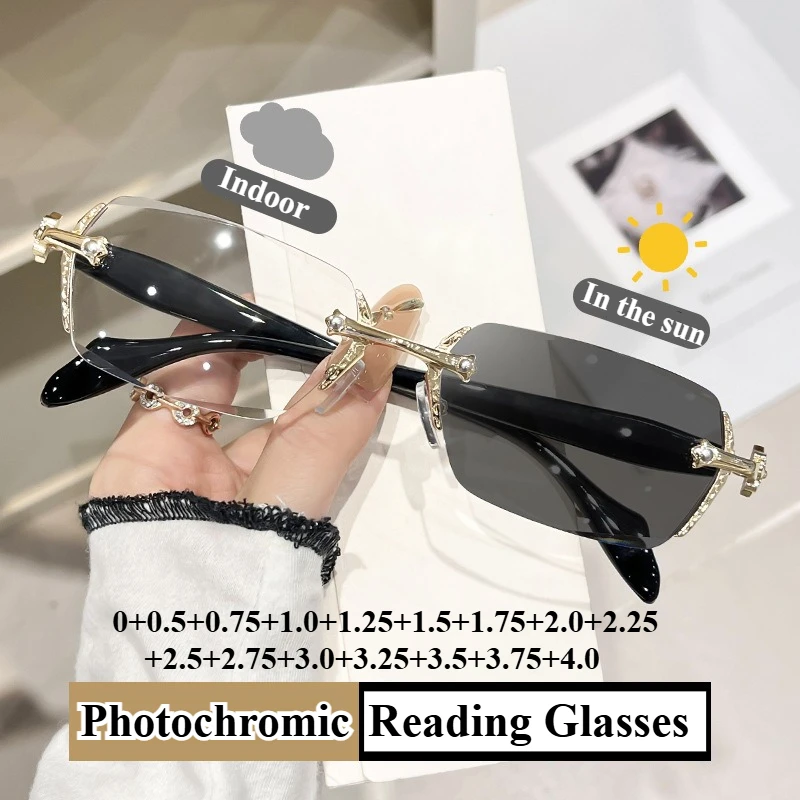 Fashion Frameless Photochromic Reading Glasses 0 To +4.0 Anti Blue Light Metal Frame Glasses for Men/Women Prescription Lensses