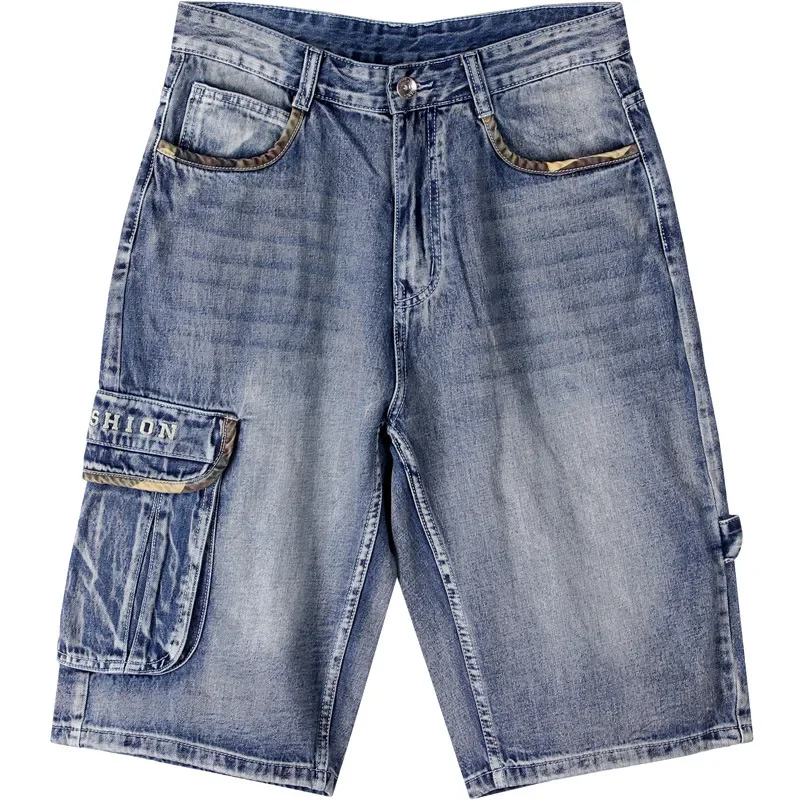 Mens Plus Size Loose Baggy Denim Short Men Jeans Fashion Streetwear Hip Hop Long 3/4 Capri Cargo Shorts Pocket Bermuda Male Blue