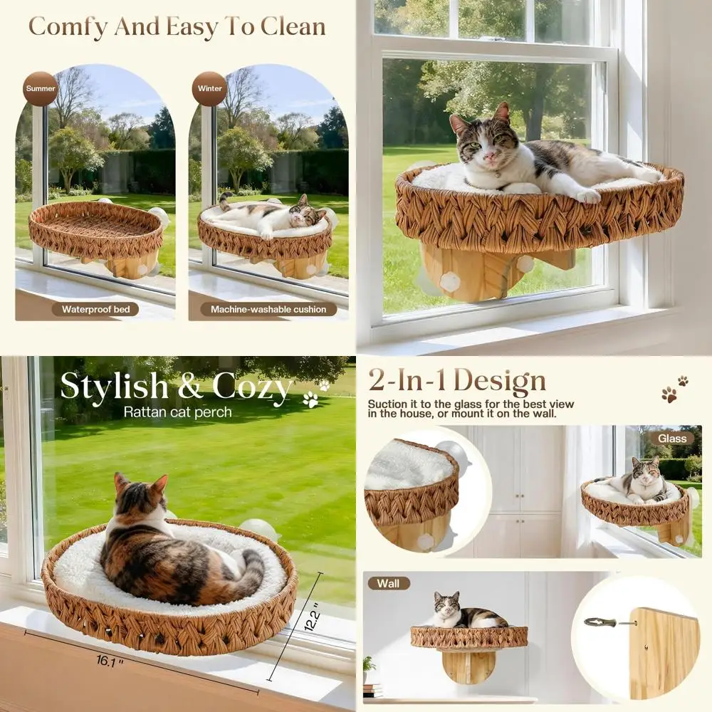 

Подставка-лежанка для кошек на окно из массива дерева и ротанга с 4 присосками, моющаяся подушка 16,1 дюйма для комфортного наблюдения и отдыха