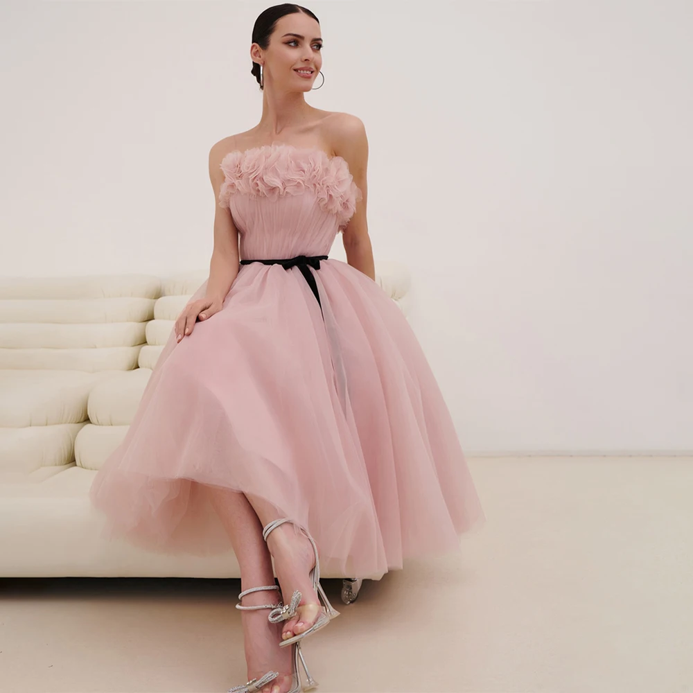 

Beautiful Pink Tull Wedding Dresses Sleeveless Short Prom Grown Custom Made Knee Length Party Dress Vestido De Noival