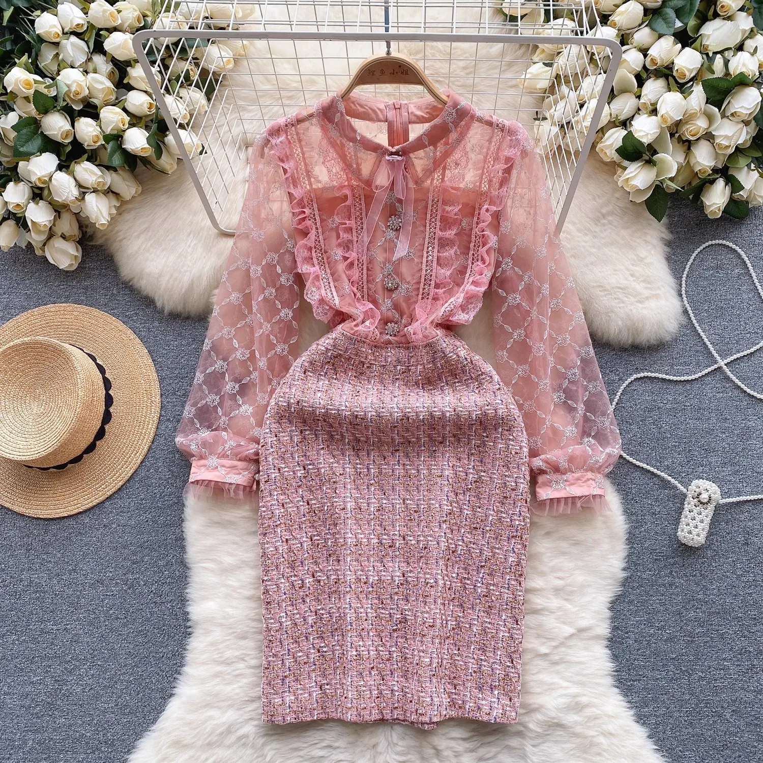 

Vintage Mesh Embroidery Ruffles Beaded Butons Lace Patchwork Dress New Fashion Runway Bow Long Sleeve Pink Tweed Dress Vestidos