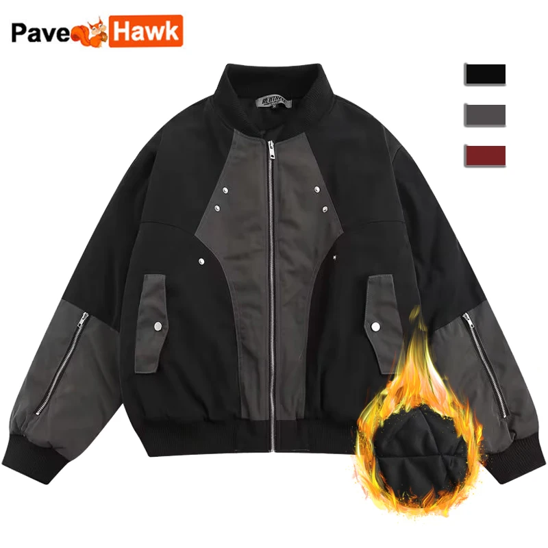 

Retro Bomber Jacket Men Zip Up Patchwork Cotton-padded Baseball Jackets Spring Harajuku Coat Unisex Loose Autumn Thicken Outwear