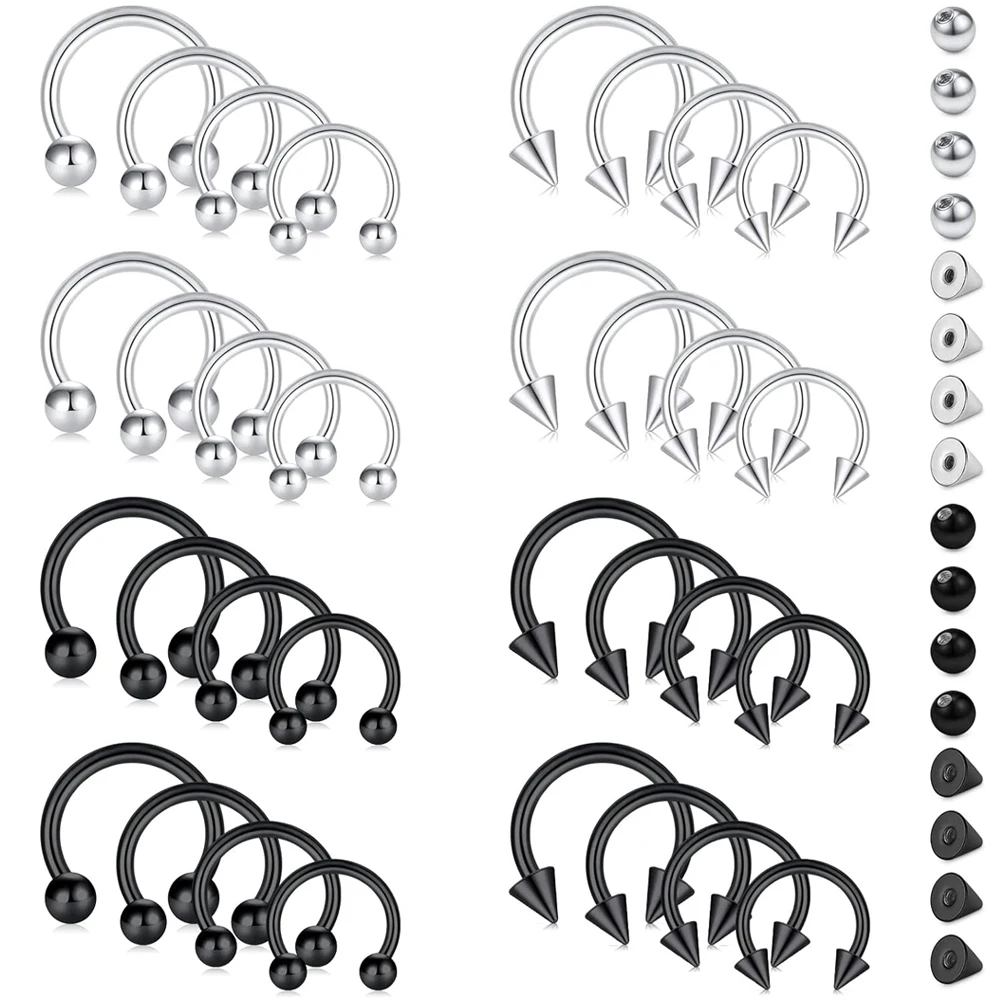 24Pcs 14G 16G Stainelss Steel Horseshoe Nose Ring Septum Horseshoe Earrings Eyebrow Noses Ear Expander Septum Piercing 6-12mm