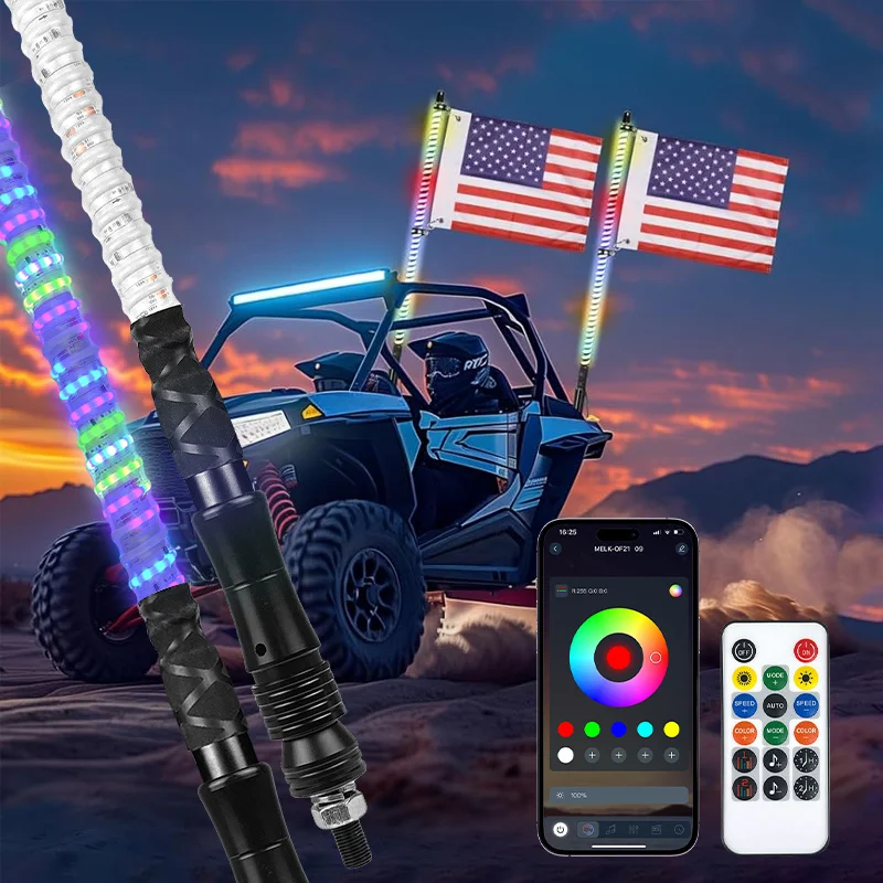 2Pcs 60Cm Cob Rgb Led Whip Flagpole Lamp Remote App Control Trailer Pilot Pole Light for Utv Jeep Off-Road Truck 4X4 Sand Buggy