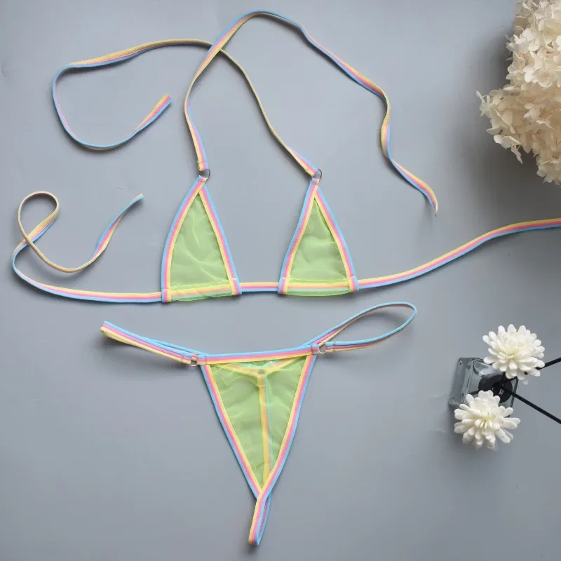 بيكيني صغير ملابس داخلية شفافة للنساء ، مجموعة ملابس داخلية مثيرة ، خيط صغير ، ثياب داخلية ، دانتيل ، حمالة صدر برقبة ، حمالة صدر بيكيني صغيرة