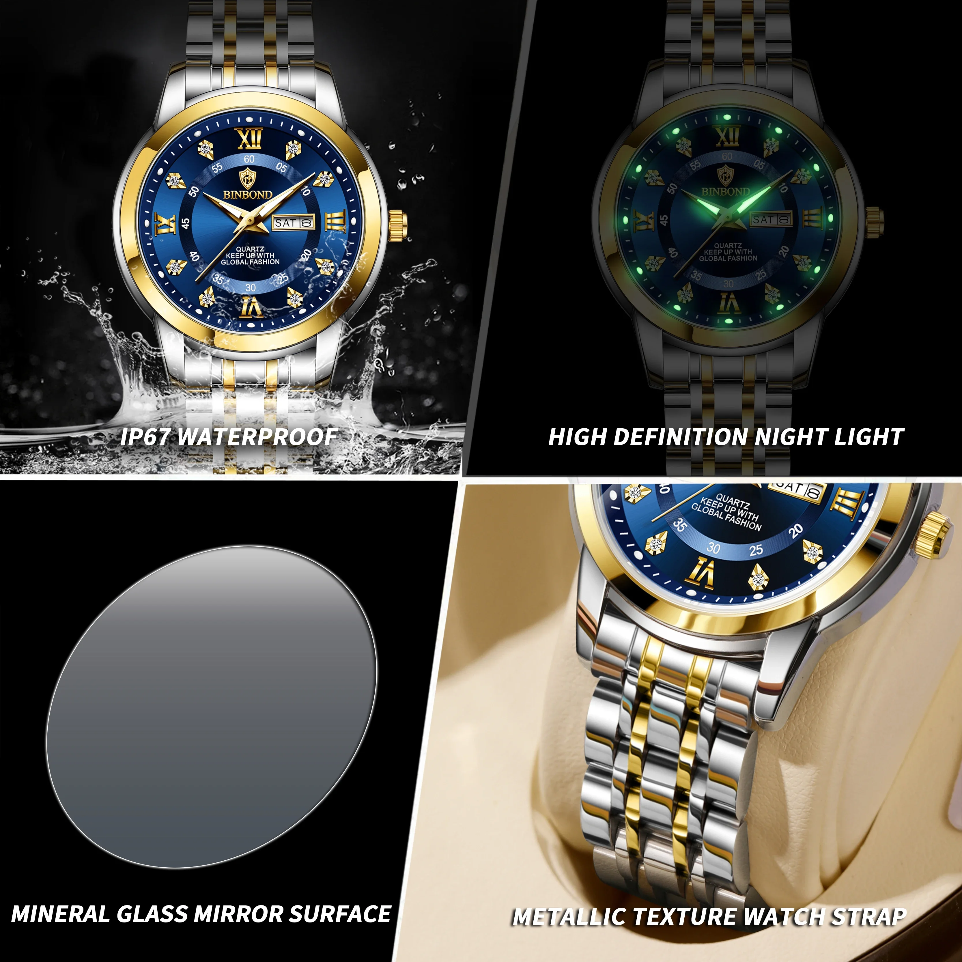 BINBOND B7169 최고급 브랜드 럭셔리 패션 비즈니스 여성용 쿼츠 시계 30M 방수 주간 날짜 표시 스포츠 여성용 손목시계