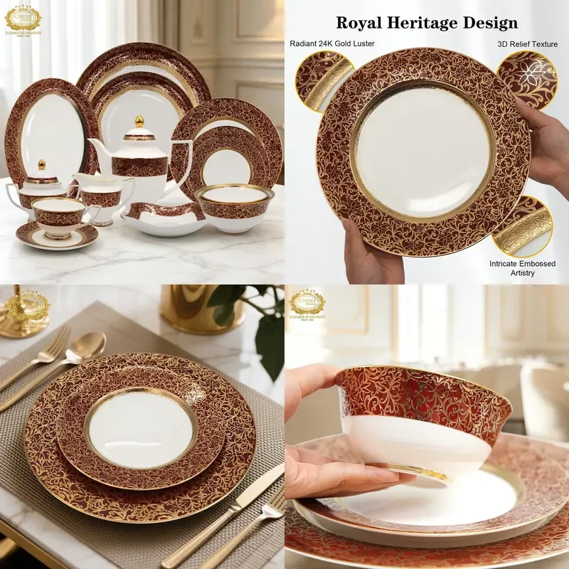 Karosa 98pcs Chinaware Porcelain Dinnerware Set Gold Design China Dinner Plate Dishes Bowl Coffee Cup Sets