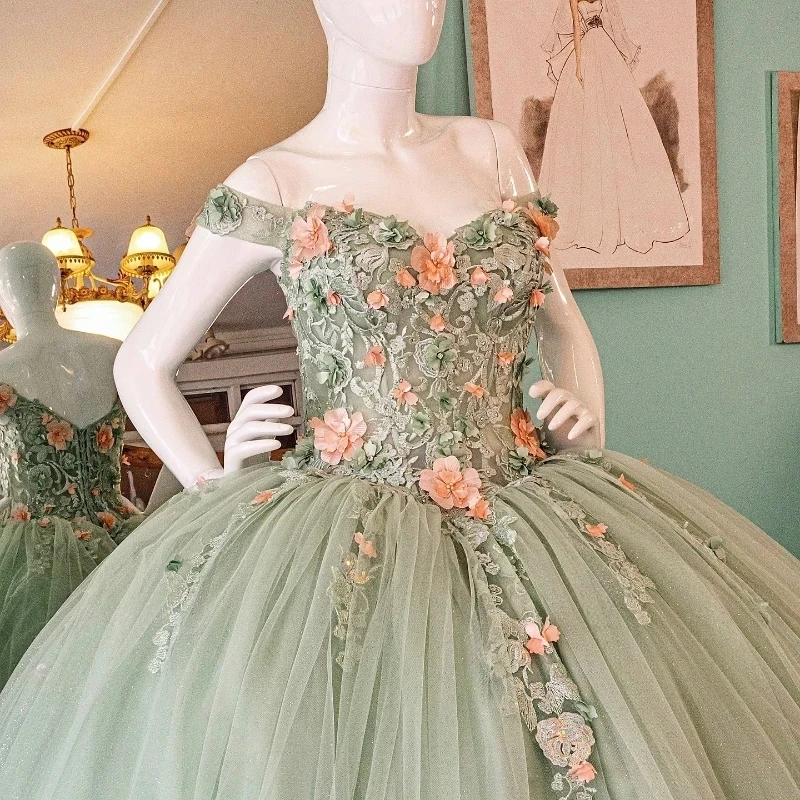 

Charming Sage Green Princess Girl Quinceanera Dresses Off Shoulder 3D Floral Ball Gown Women Birthday Party Prom Dress Dancing