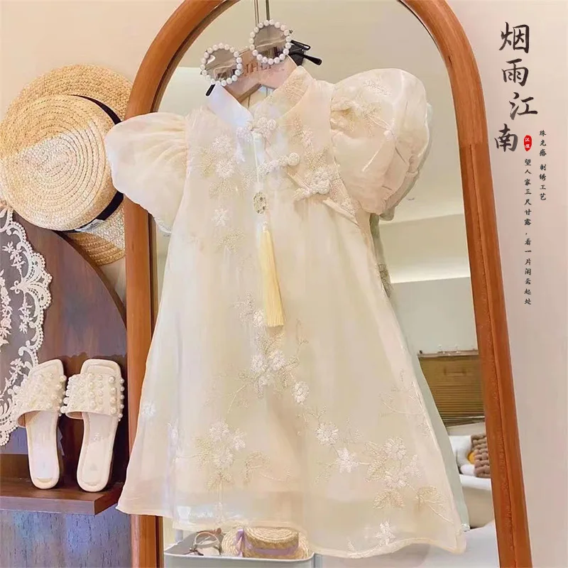 New Girls Chinese Style Cheongsam Oblique Buckle Puff Short Sleeve Flower Embroidered Fairy Princess Dress2024Summer Ancient-WSN