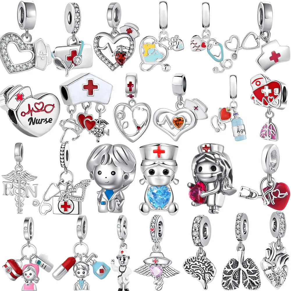 New Heart Brain Physical Health Doctor Nurse 925 Silver Beads Pendant Fit bracelet keychain DIY Birthday Party Gifts Jewelry