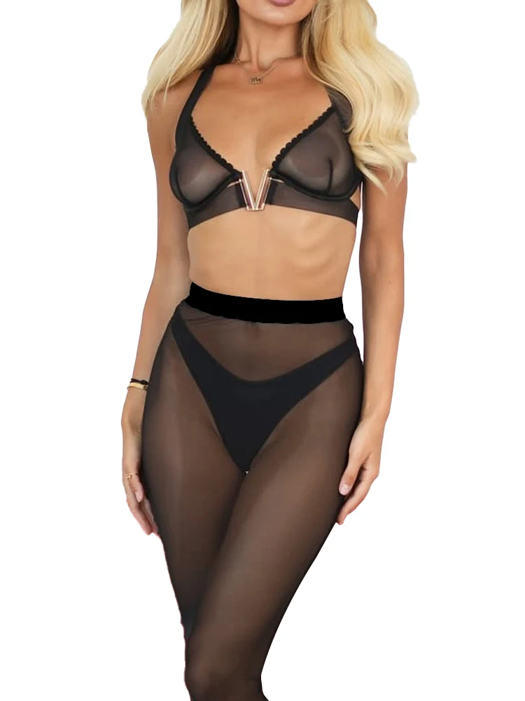 Belamimi Sexy Lingerie Suit for Women Mesh See-through Sweet Buckle Solid Color Sexy Underwear Steel Ring Gathering 3-piece Set