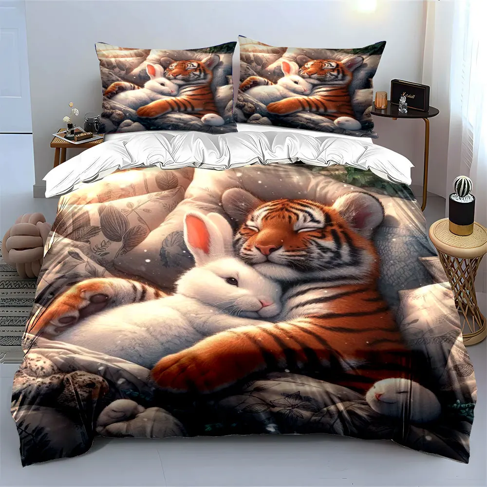 Tiger and Rabbit Cuddling Warmly Bedding Set for Kids Luxury Gift 3pcs Digital Print Comforter Set Soft Comfortable Breathable