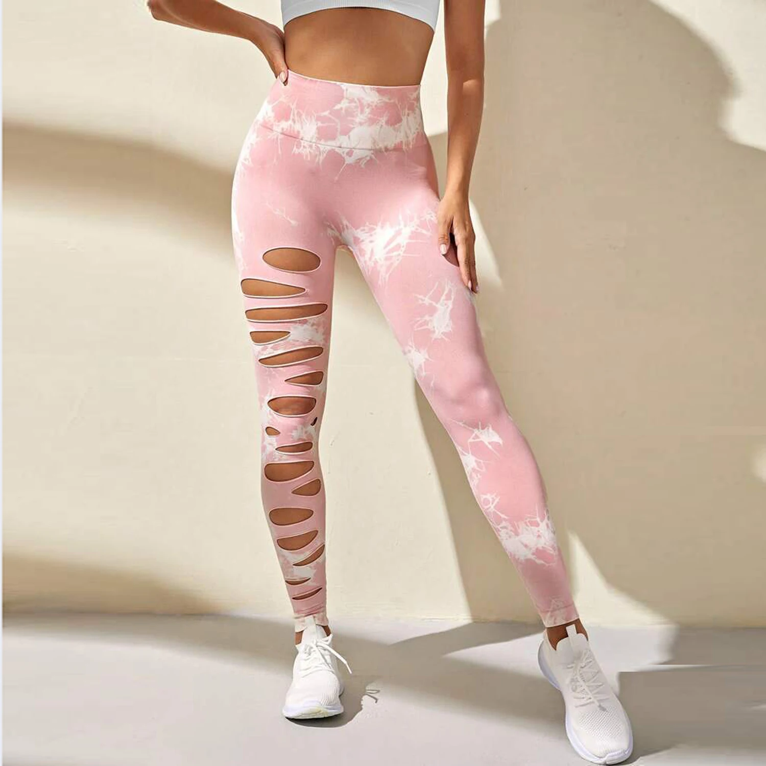 女性穴タイダイジムレギンススポーツエクササイズヨガパンツうずくまるフィットネスタイツハイウエストワークアウトトレーニングアスレチックレギンス