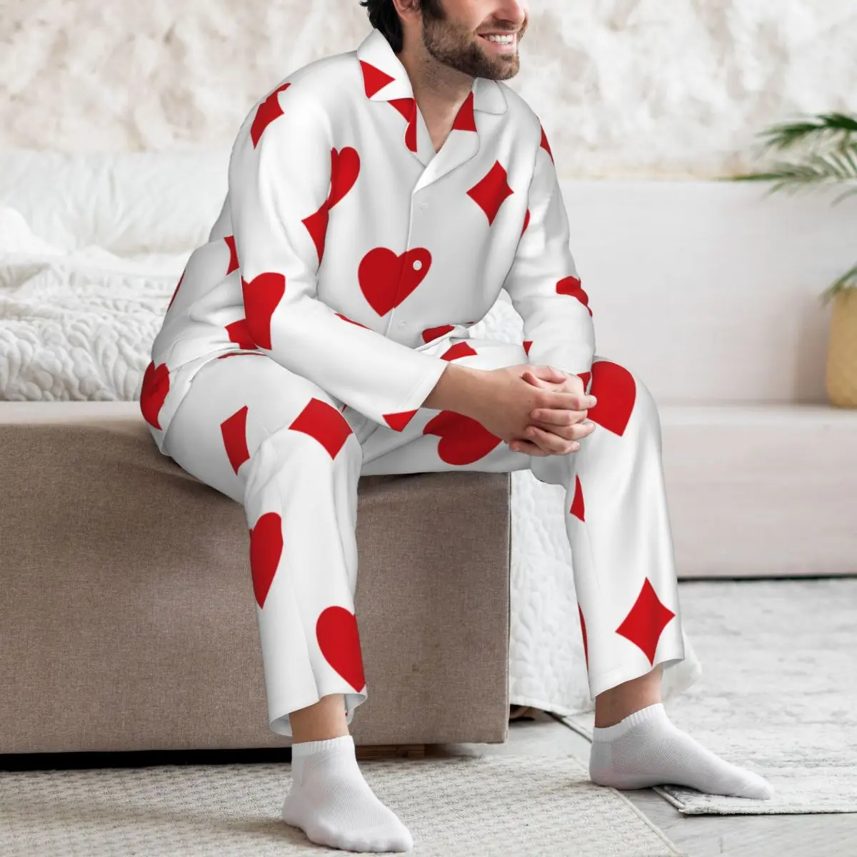 Conjunto de pijamas para hombre de Otoño Invierno de manga larga Alicia en el país de las Maravillas corazones y diamantes ropa de casa ropa de dormir 2 unids/set