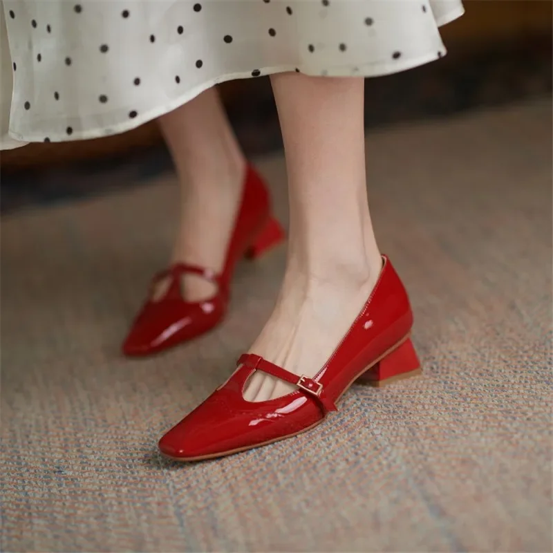 2024 Spring Women Shoes Patent Leather Solid Color T-shaped Buckle Square Toe Chunky Heel Versatile Single Shoes Item No.1302