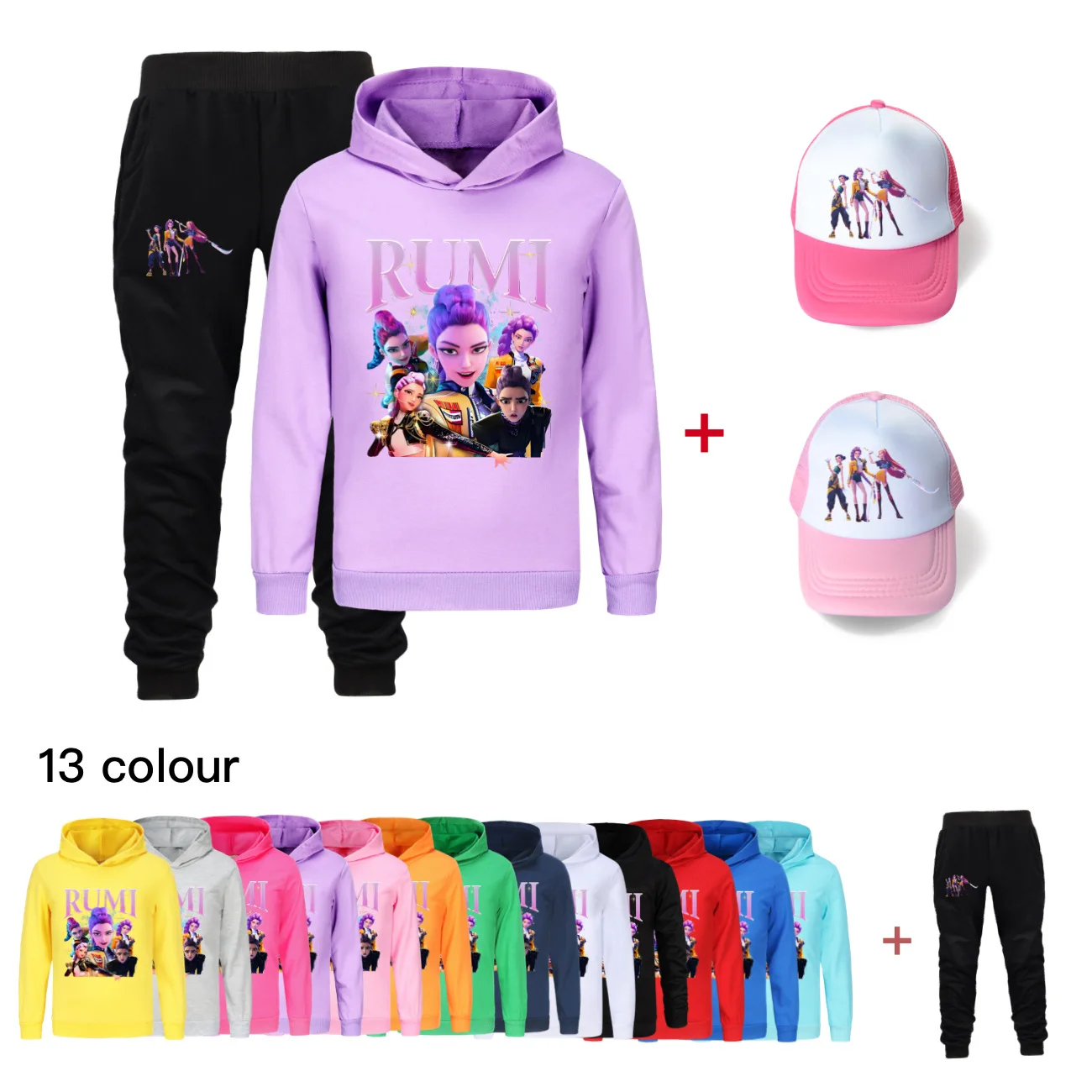 

Детская толстовка с капюшоном KPop Demon Hunters Huntrix + спортивные штаны + шапка, комплекты из 3 предметов, толстовки для мальчиков, повседневная одежда для девочек-подростков4805