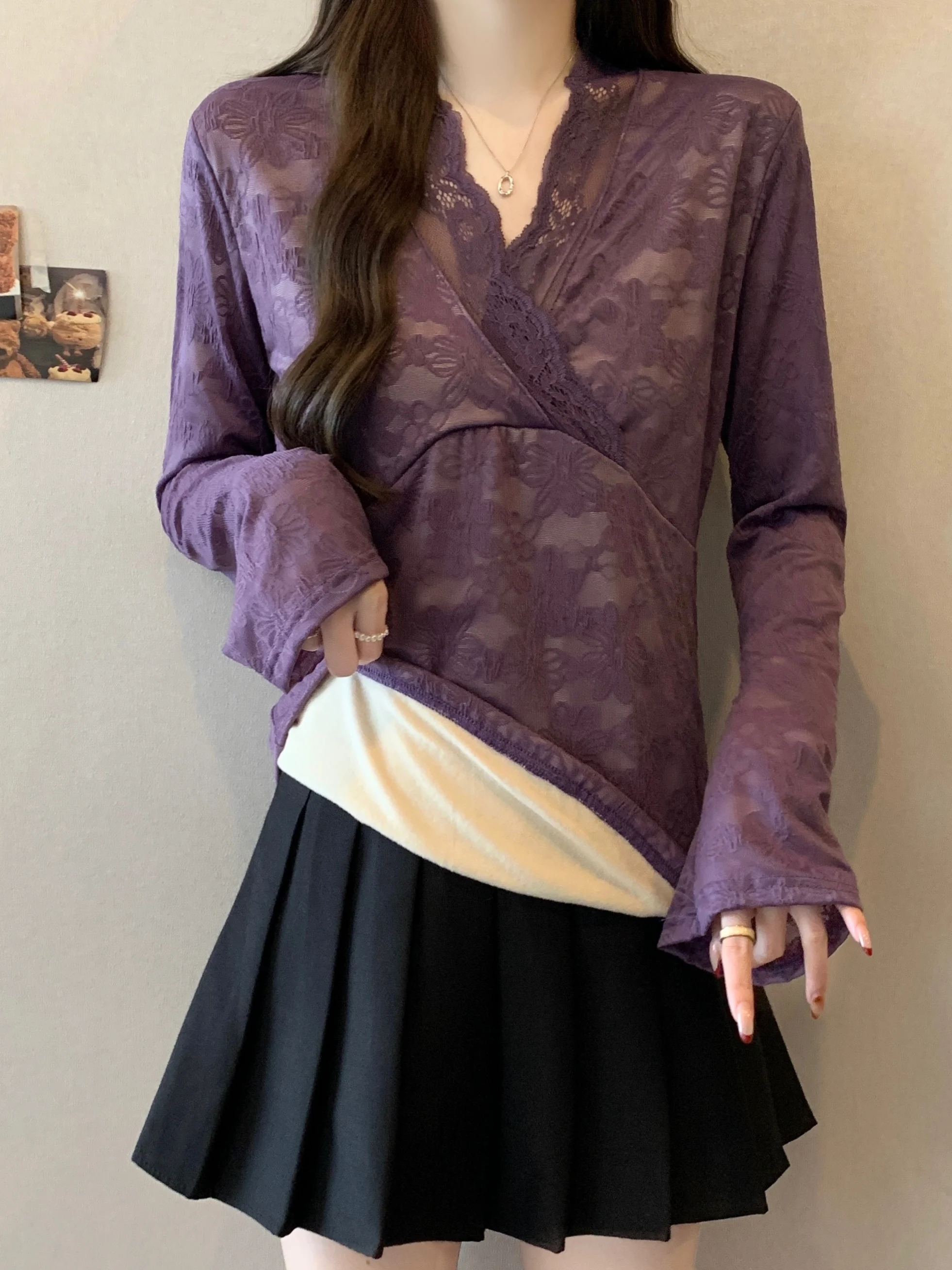 

plus Size Sexy Pure Desire Purple V Ne Lace Long Sve T irt Women Slim Fit Inner Wear Fce Lined Base irt Top