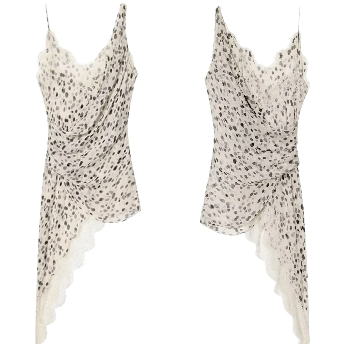 

Jenny&Dave French Sexy Lace Camisole Pajama Dress Elegant Asymmetric Polka Dot Chiffon Party Dress Vestidos Womens Dresses