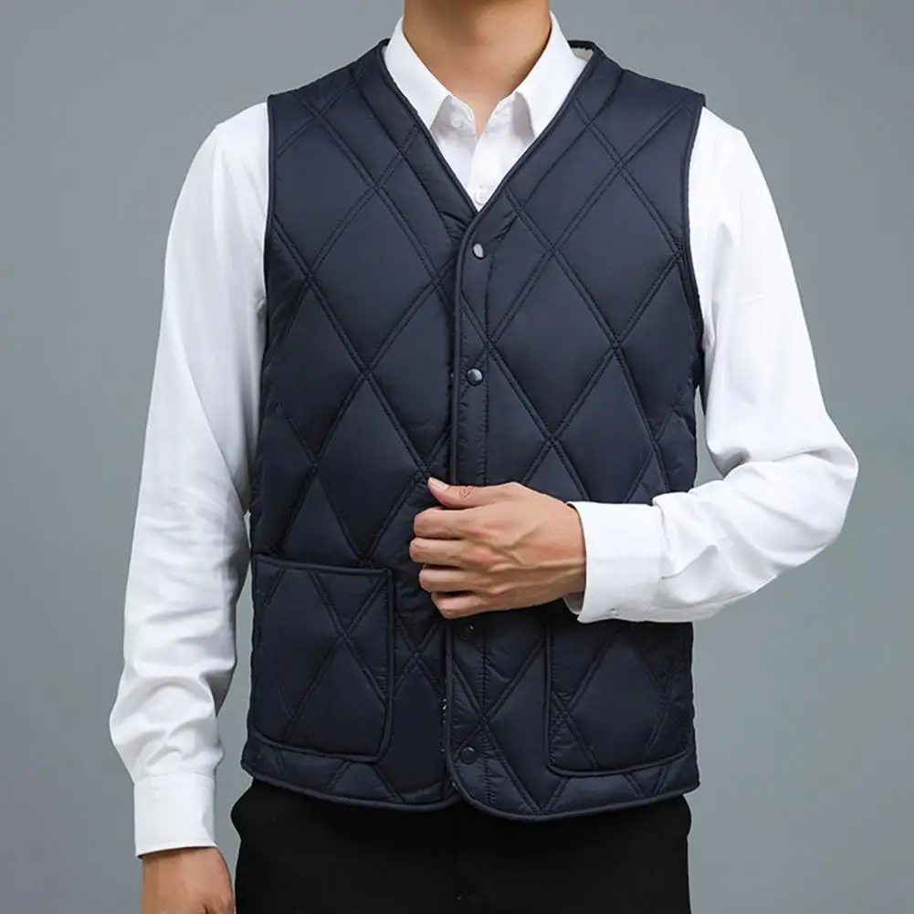 Men Velvet Waistcoat Men\'s Velvet Quilted V-neck Waistcoat with Plush Lining Single-breasted Winter Vest for Stylish for Warmth