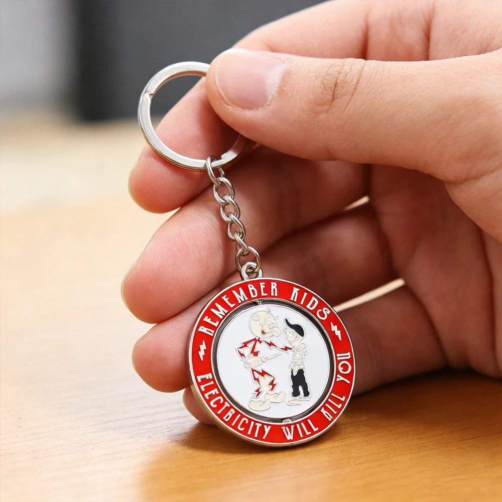 Reddy Kilowatt Children Retro Warning Keychain Power Warning Slogan Key Ring Rotating Hazard Warn Pendant Student Bag Decoration