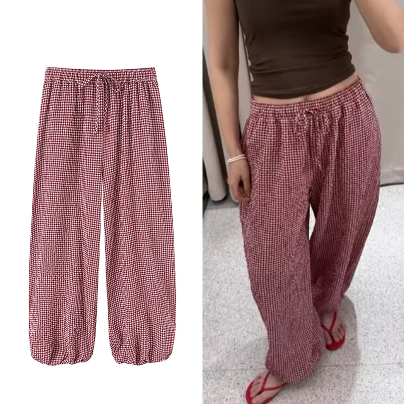 Damenhosen 2026 Neue Mode Sommer Rote Karierte Laternenhose mit Kordelzug für Frauen Lässige Schicke Strand- und Urlaubshose