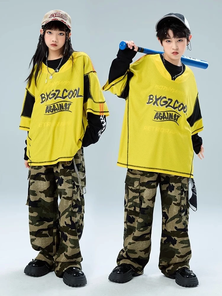 

Новинка 2023 года, свободные желтые рубашки, камуфляжные брюки, одежда для уличных танцев для девочек, костюмы для джазовых танцев, современная одежда в стиле хип-хоп DQS19088