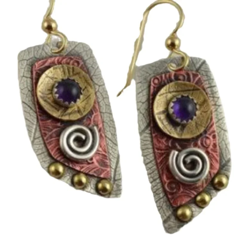 Antique Bohemian Geometric Multicolor Metal Spiral Purple Diamond Earrings For Women Party Birthday Custom Jewelry