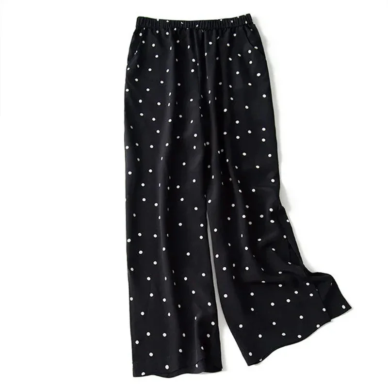 Fashion Black Polka Dot Chiffon Shirt and Pants Two-piece Suit Ummer Korean Wide-leg Pants Light Top Suit LOOSE Elastic Waist