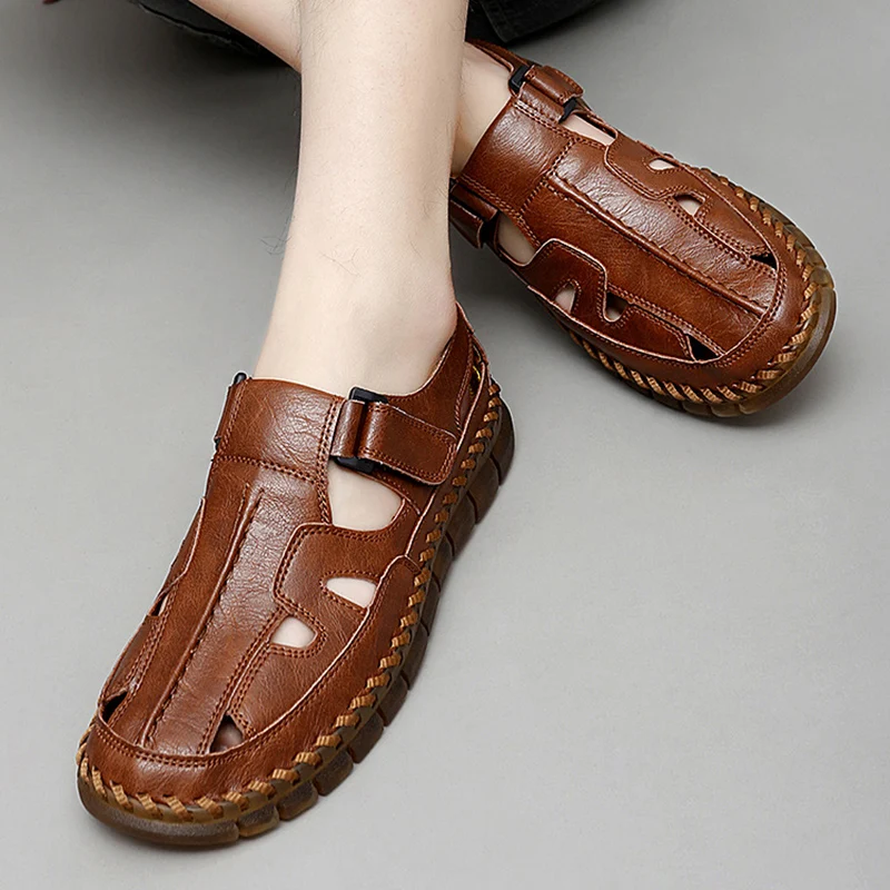 

Совершенно новые мужские сандалии больших размеров, уличные противоскользящие дышащие мужские сшитые вручную сандалии с носком, деловые кожаные лоферы с вырезами