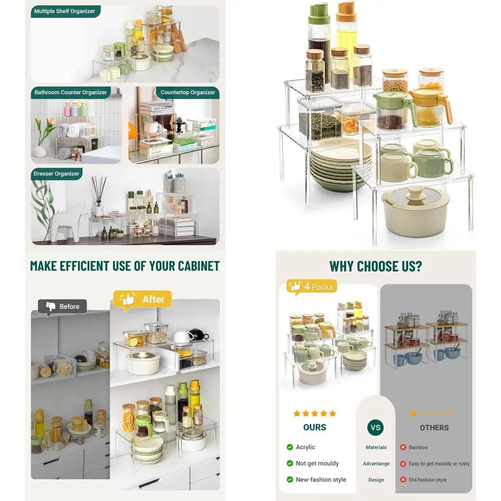 

4-Piece Acrylic Spice Rack Set for Kitchen Cabinets, Stackable Pantry Organizer, Desk Shelf Storage, Ideal Housewarming Gift