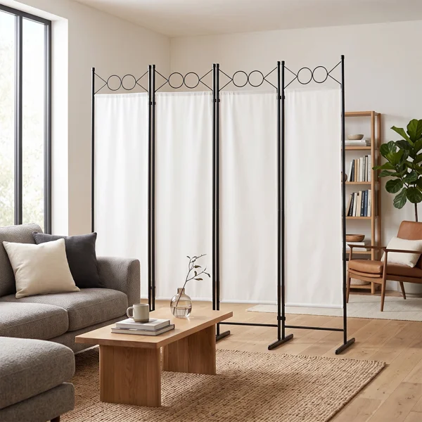 6FT 4 Panel Folding Room Divider, Off White Freestanding Privacy Screen, 160g Polyester Fabric with Carbon Steel Frame and Plastic Feet, Portable Room Partition for Bedroom Living Room Office