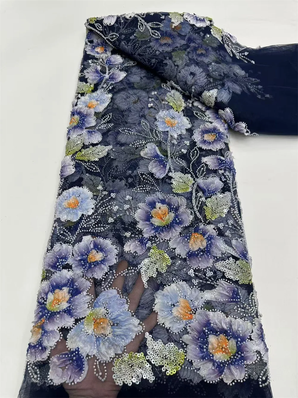 

Нигерийская ткань, 5 ярдов, высокое качество, 2025 г., африканская темно-синяя ткань, роскошная ткань с бисером, роскошное кружево с бисером для платья HHm96-1