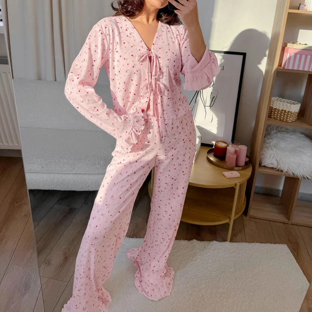 Sweet Knitted Hollow Print Shirt Pajama Set Autumn and Winter Women's Gentle Style Ruffle Edge Lace Up Shirt Wide Leg Pants 2Pcs