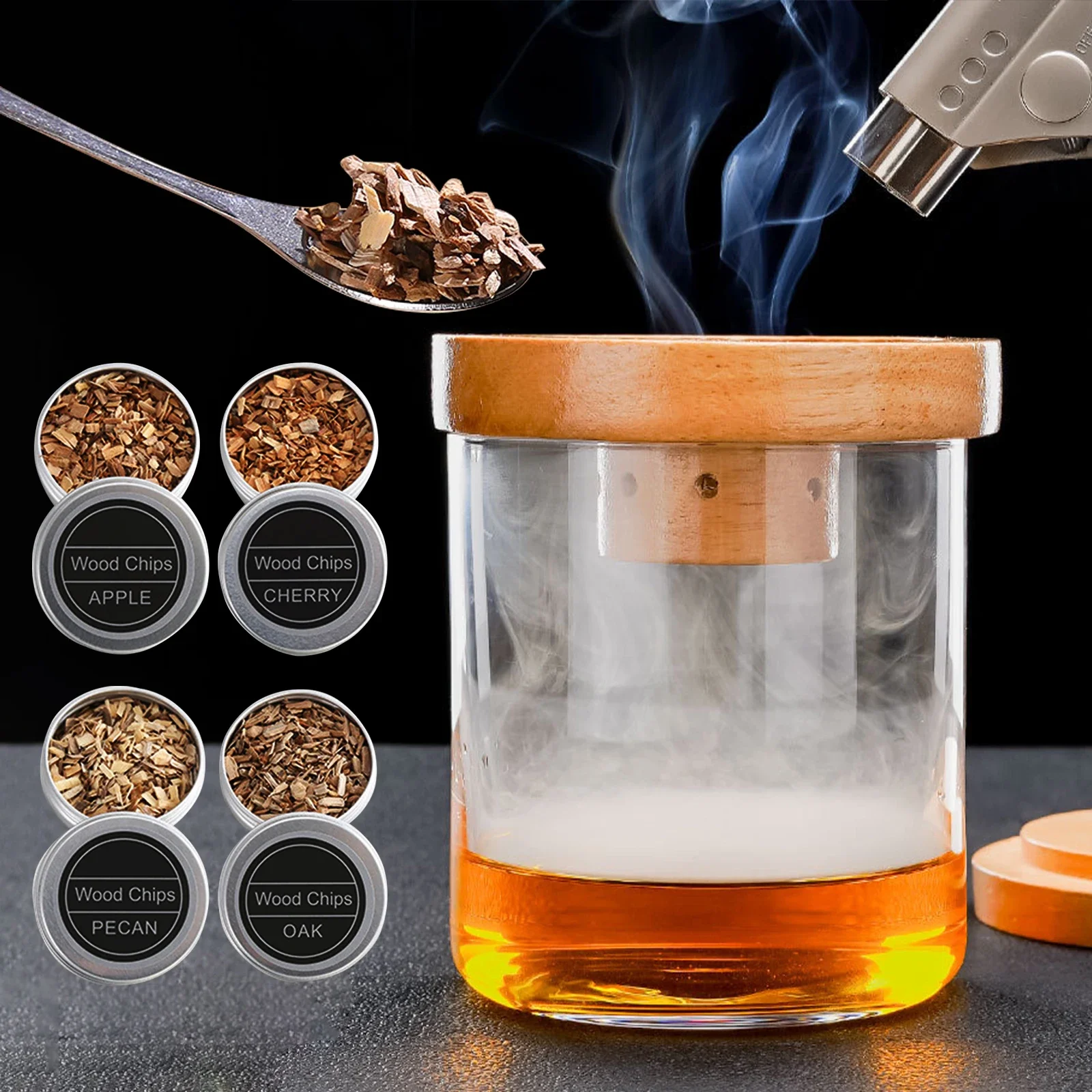 

Cocktail Smoker Kit,Smoking Set with 4 Wood Chips,Old Fashioned Whiskey Smoker Drinks Kit,Cocktail Accessories for Whiskey,Drink