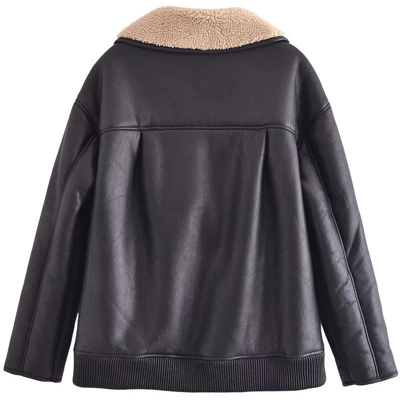 Fashion Women Black Leather Jacket Autumn Winter PU Short Coat Thicken Lambswool Outerwear Lady Fleece Warm Tops Loose Overcoat