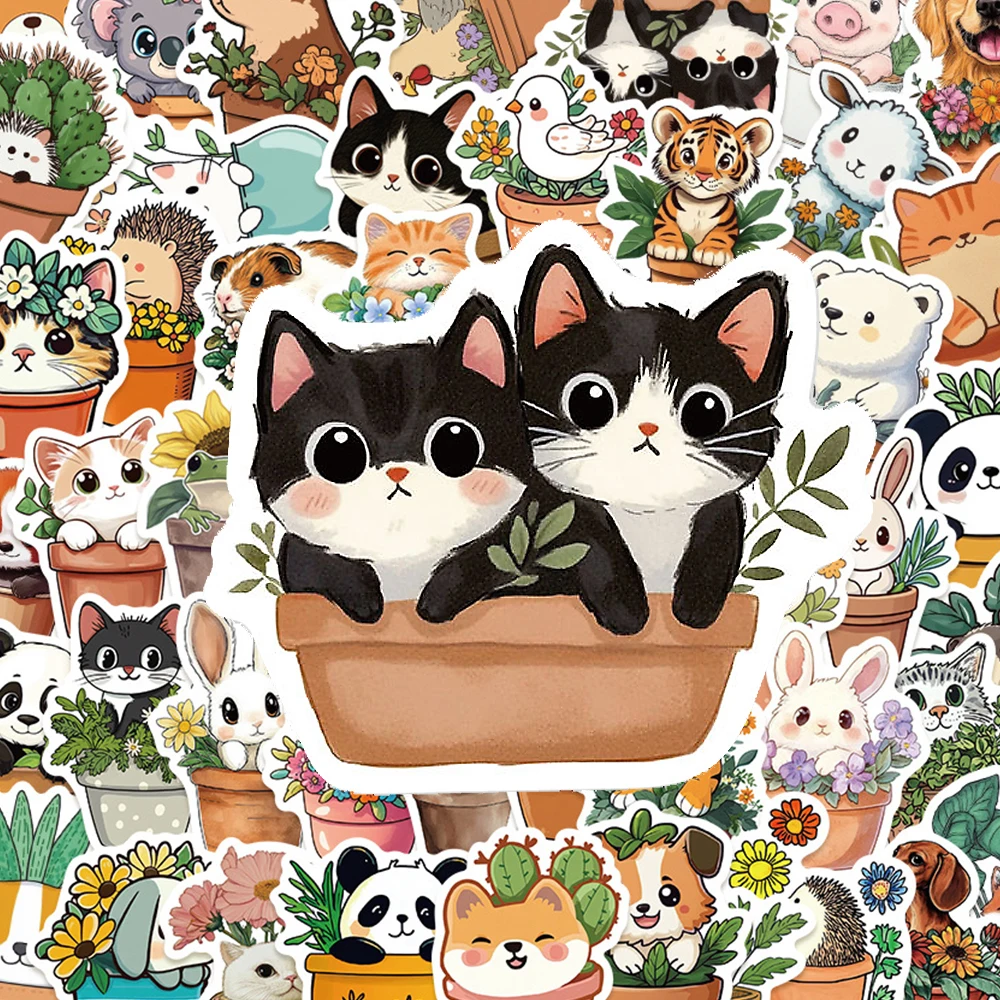

10/30/50pcs Creative Cute Cartoon Flower Pot Animal Stickers Decals DIY Stationery Notebook Laptop Waterproof Funny Sticker Toys