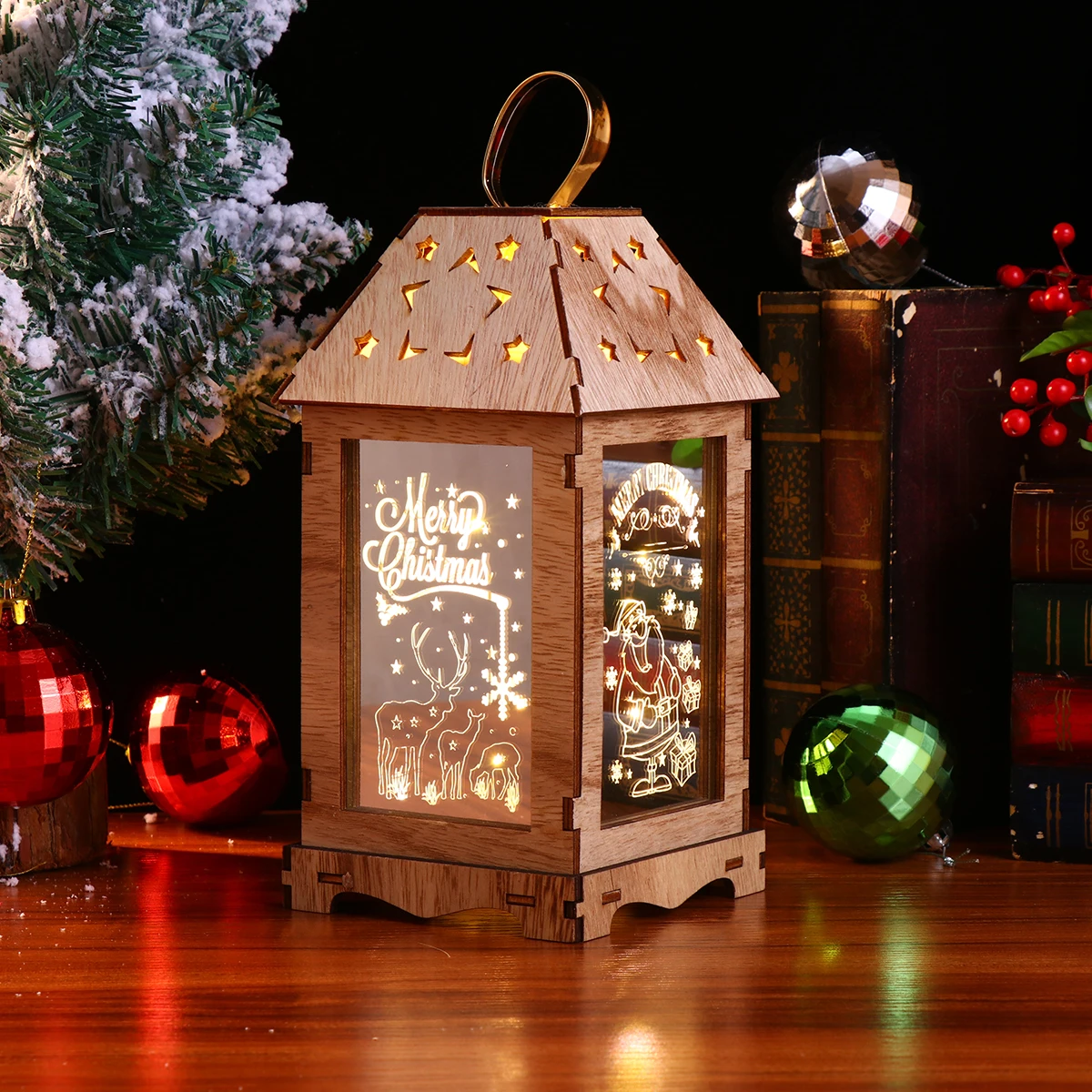 

1pc Wooden Christmas Retro Handle Wooden Decorative Lamp Festive Atmosphere Decoration Light Home Room Led Lamp Xmas Gift