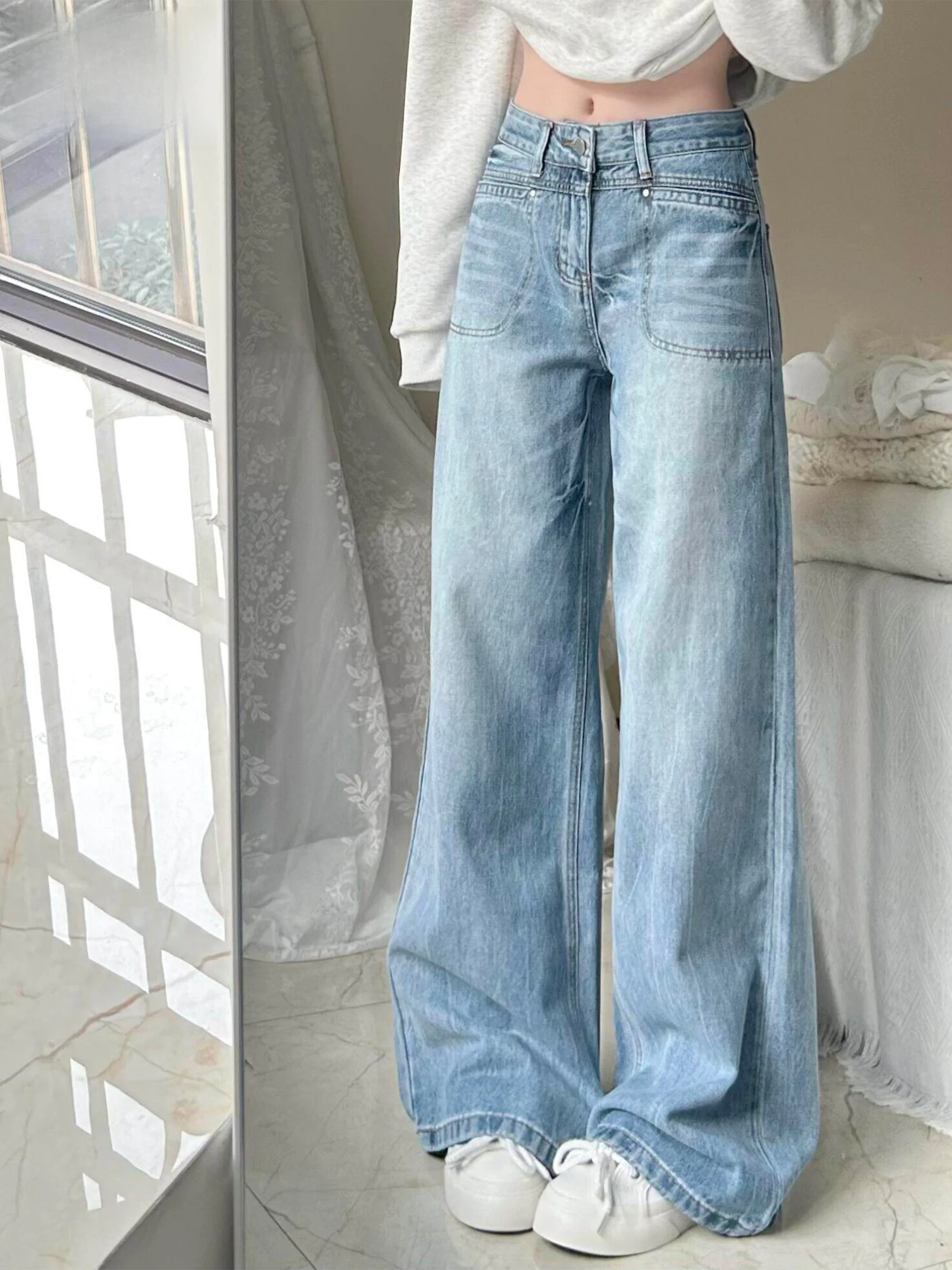 

Синие американские винтажные джинсы с широкими штанинами для женщин, свободные, прямого кроя, повседневные, весна-лето, новый дизайн