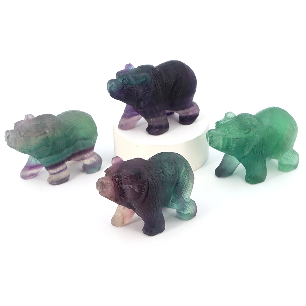 Natural Crystal Bear Figurine Reiki Healing Crystal Rainbow Fluorite Animals Statue Crafts Home Decoration Christmas Present