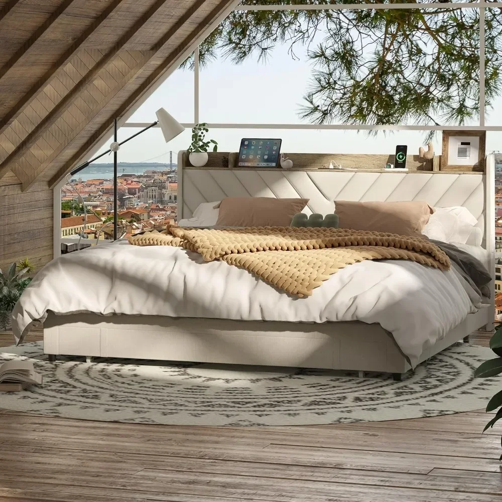 

L # For Queen Size Bed Frame, AC Type C & USB Charge Station, Wood Support Slats Easy Assembly,Bed Frame
