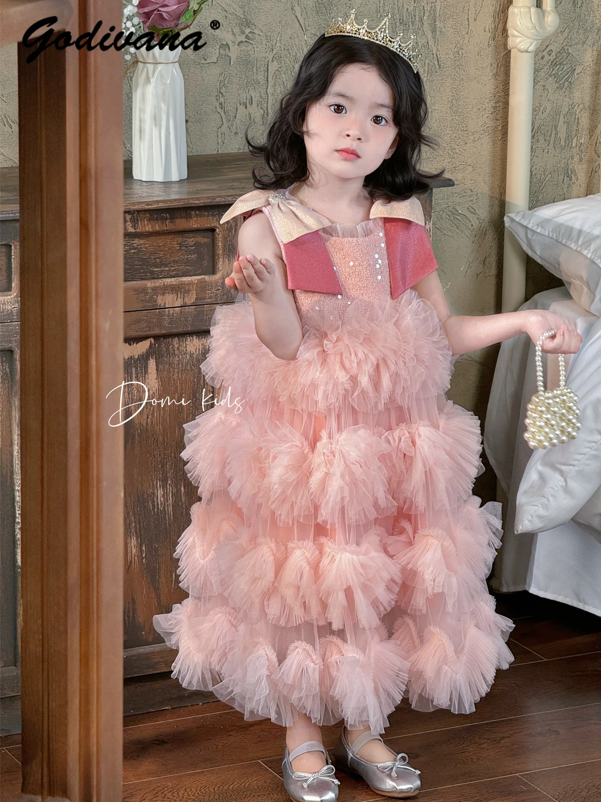 

Sweet Baby Girls Spring and Summer High End Heavy Pink Princess Sundress Kids Sequin Mesh Bow Birthday Party Cake Tutu Dress