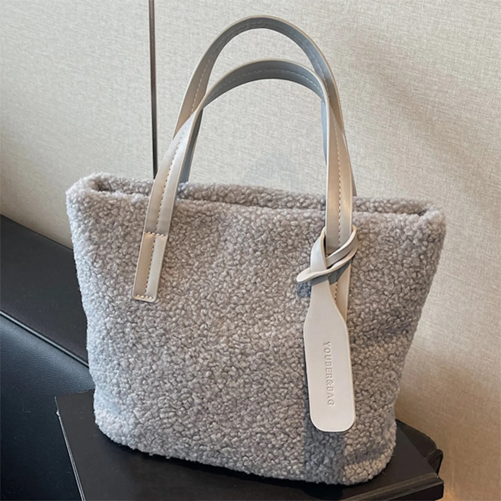 Handtasche aus Lammwolle, einfarbig, Beuteltasche für Damen, Reisen, Einkaufen, täglicher Gebrauch