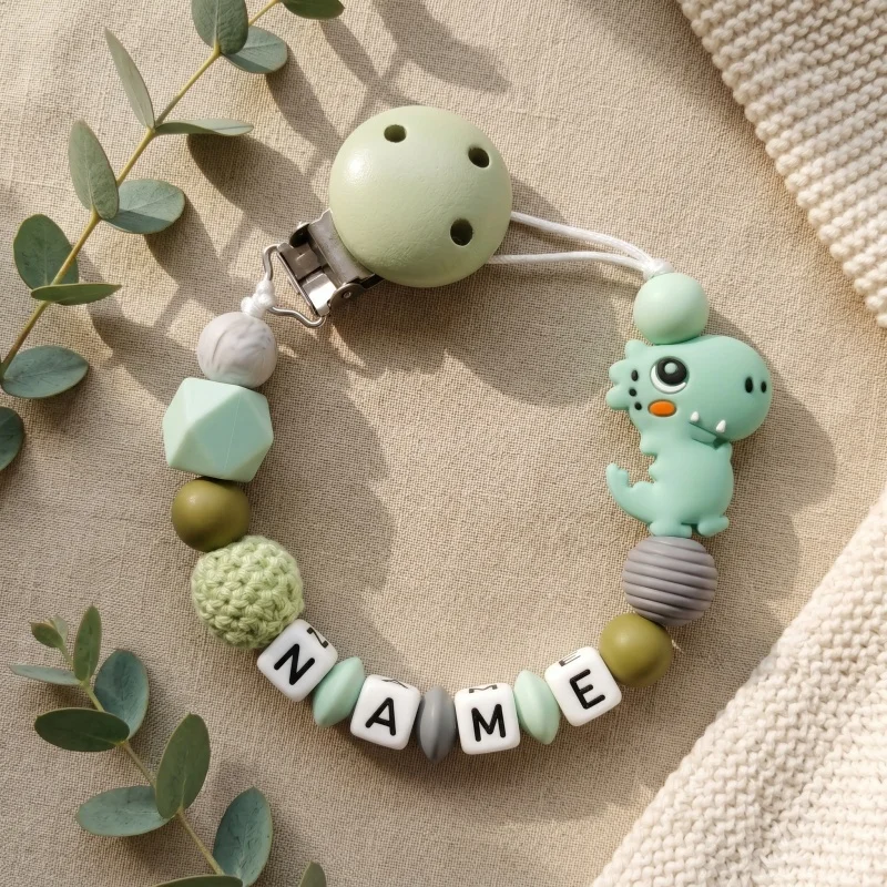 Mittsboy Personalized Pacifier Clip Custom Name Silicone Baby Teether Chain Dinosaur Dummy Holder BPA Free Baby Shower Gift
