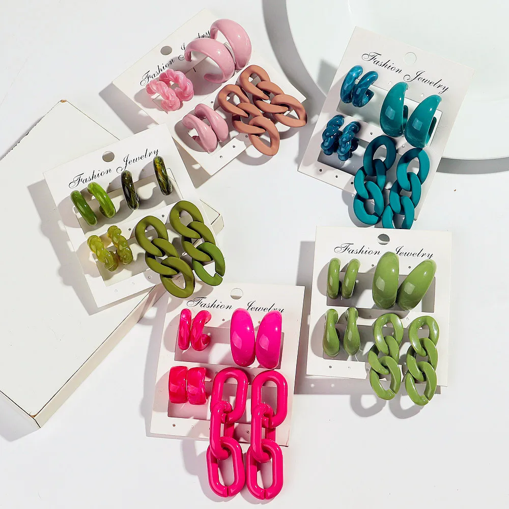 New 8pcs Colorful Circle Acrylic Hoop Earring for Women Korean Fashion Geometric Chain Drop Earrings Vintage Jewelry Sets Gifts