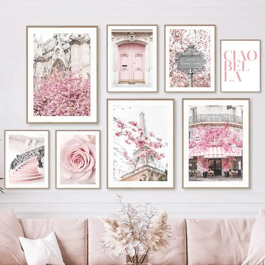 Rosa Sakura Frühling Paris Stadt Landschaft Rose Pfingstrose Leinwand Gemälde Poster Wand Kunst Bilder für Wohnzimmer Schlafzimmer Home Decor