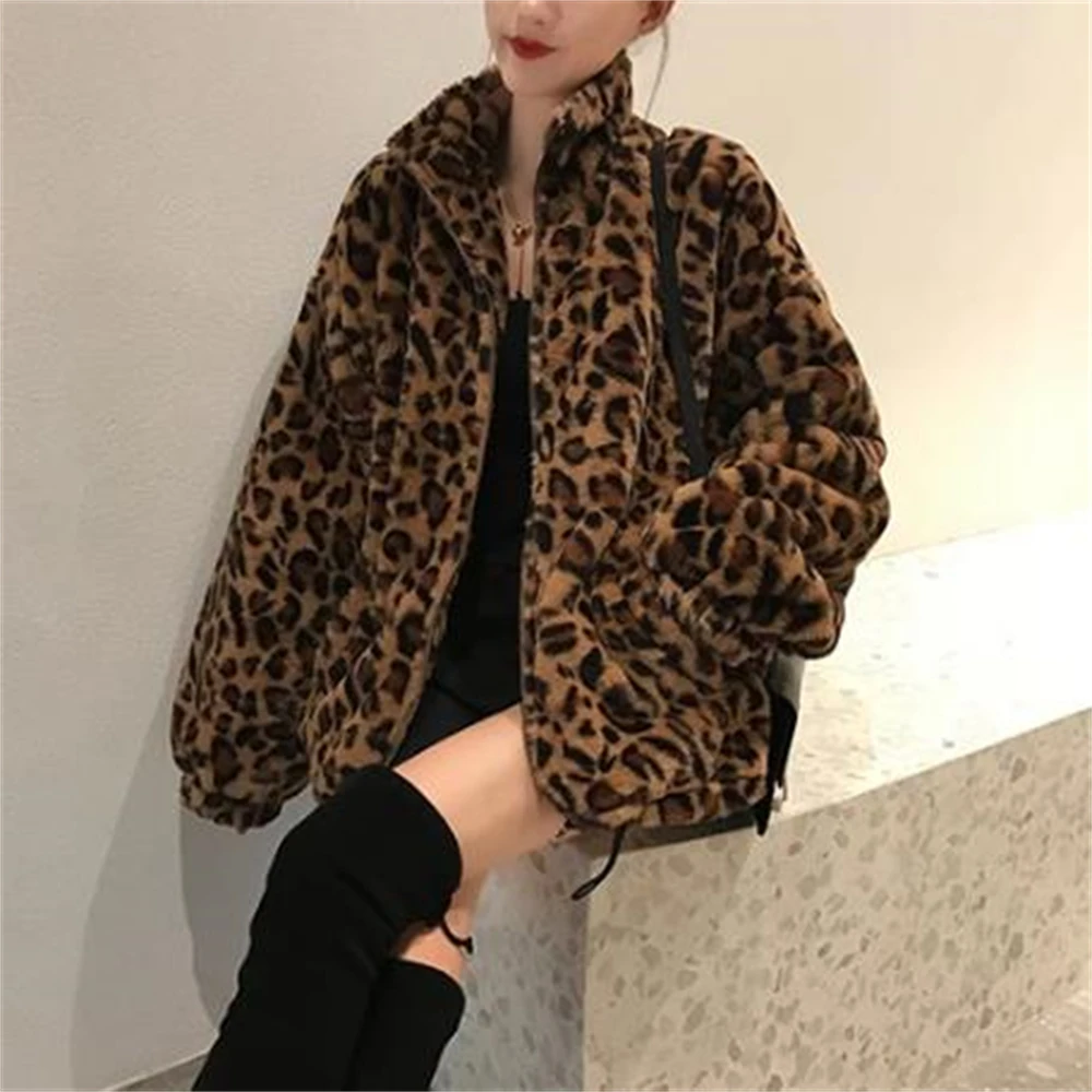 Women Warm Fur Outerwear Plush Jacket Women Winter Long 2024 New Korean Version Loose Lamb Wool Faux Fur Leopard Print Fur Coat